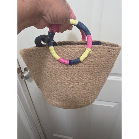 NWT Natural Woven Straw Tote Bag With Colorful Wrapped Handles & Black Shoulder - Picture 6 of 6